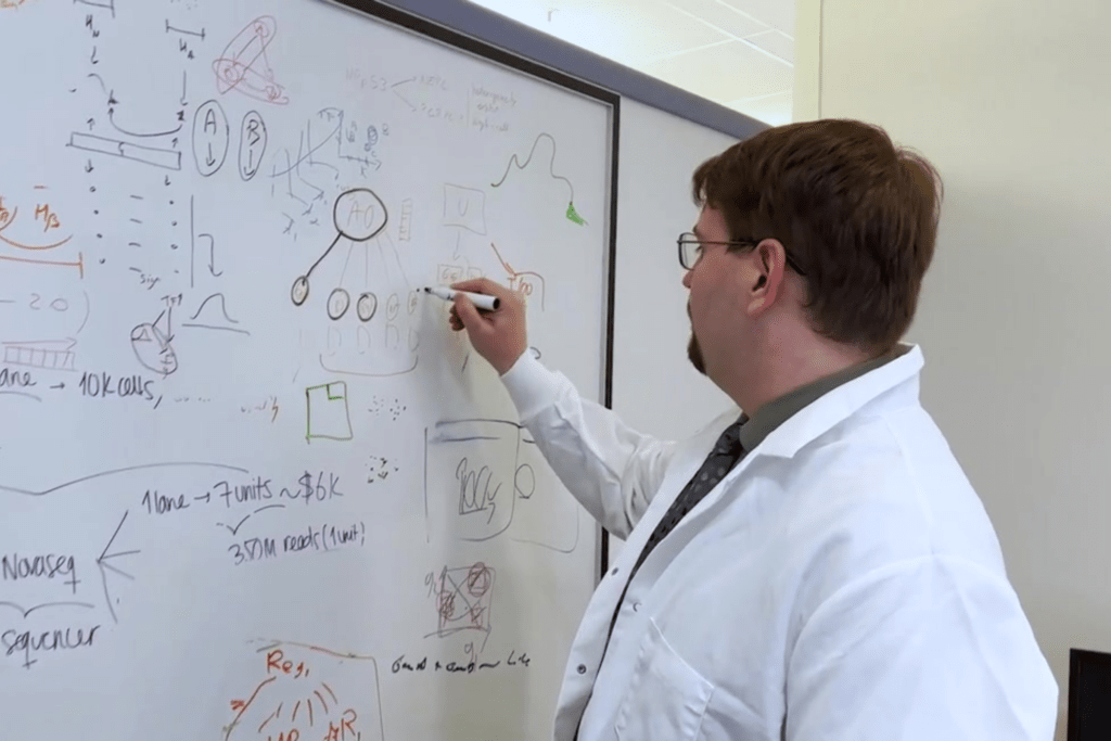 Aleksandar Obradovic, Ph.D. mapping his research on a whiteboard